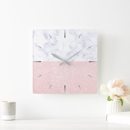 エレガントガーリーバラ金ゴールドグリッターとホワイトマーブル スクエア壁時計 (ホーム)