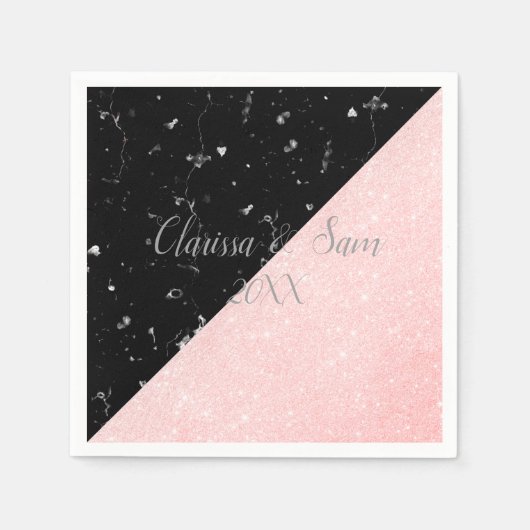 エレガントガーリーバラ金ゴールドグリッター&ブラック大理石 スタンダードカクテルナプキン (正面)