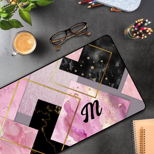 エレガントガーリーフェイクグリッターピンク黒 デスクマット