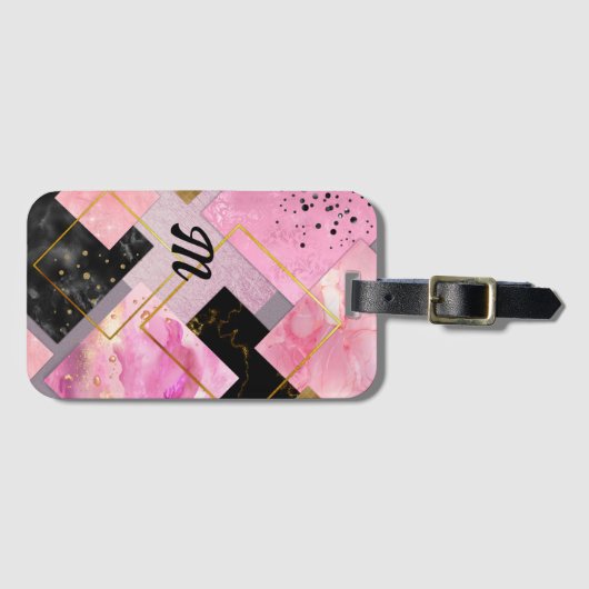 エレガントガーリーフェイクグリッターピンク黒 ラゲッジタグ (正面横)