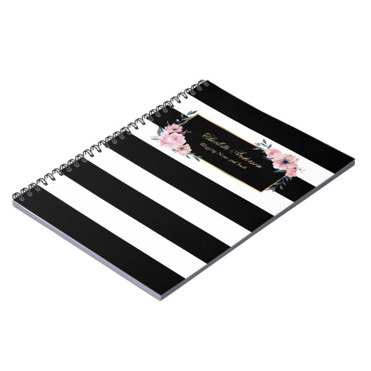 エレガントガーリー白黒ストライプピンクフローラ ノートブック (左側)