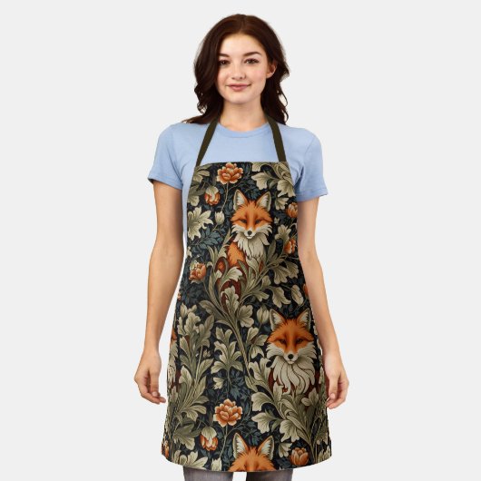 エレガントキツネウィリアム・モリスインスパイアパターン エプロン (着用した状態)