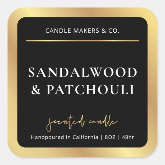 エレガントキャンドルスクエアラベルブラック&金ゴールドスクリプト スクエアシール (正面)