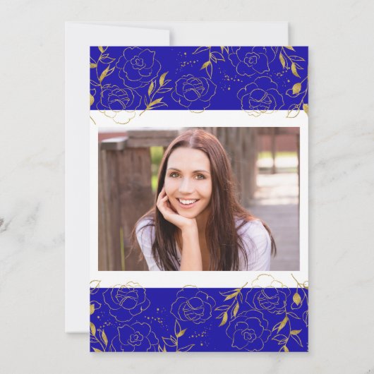 エレガントキンセアニェラ青王室の金ゴールドフローラ写真 招待状 (裏面)