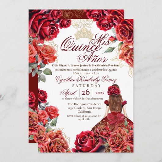 エレガントキンセアニェラ – レッドローズ金ゴールド 招待状 (正面/裏面)