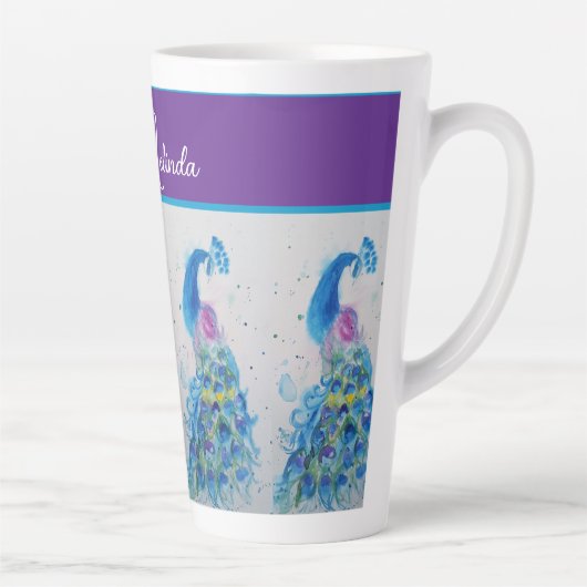 エレガントクジャク水の色ブルー絵を描の女性 カフェラテマグ (右)