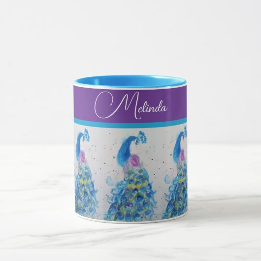 エレガントクジャク水の色ブルー絵を描の女性 マグカップ (中央)