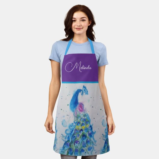 エレガントクジャク水色ブルー絵を描ズ エプロン (着用した状態)