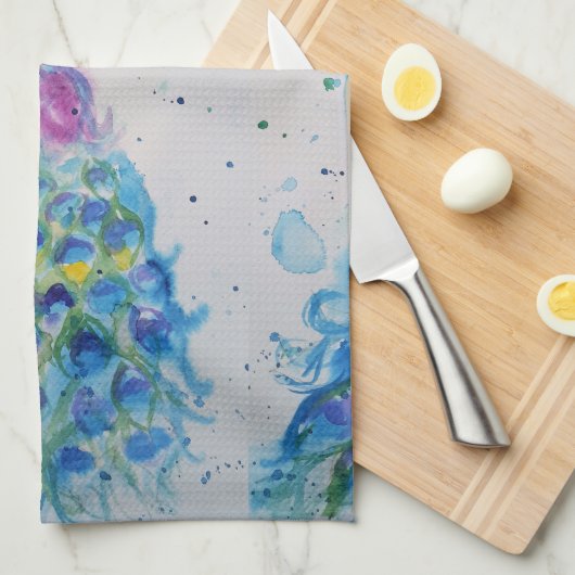 エレガントクジャク水色ブルー絵を描ズ キッチンタオル (四つ折り)