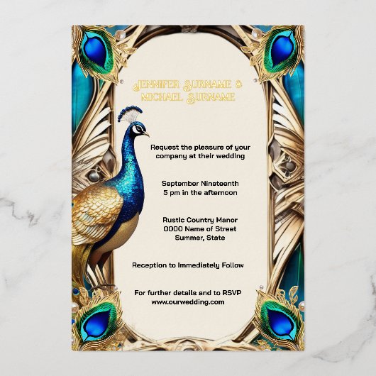 エレガントクジャク青金ゴールド羽3D 実在 箔招待状 (正面)