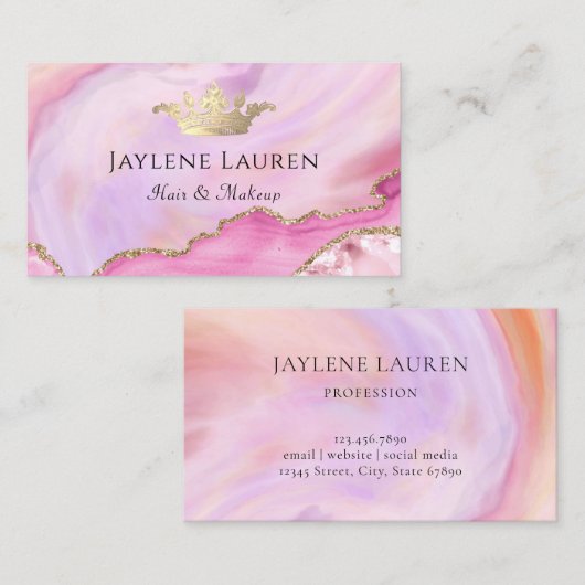 エレガントクラウンピンク金ゴールド大理石瑪瑙 名刺 (正面/裏面)