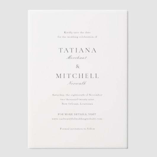 エレガントクラシックな結婚式の日付を保存 ベラム紙招待状 (正面)