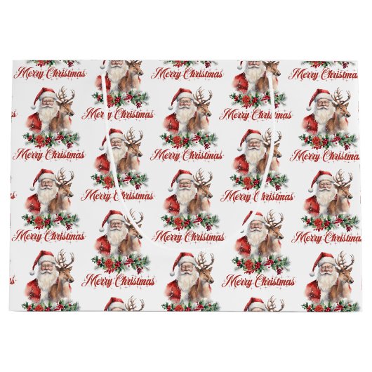 エレガントクラシックの水の色サンタトナカイholly ラージペーパーバッグ (正面)