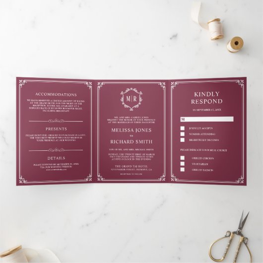 エレガントクラシックほこりっぽいピンクモノグラム結婚ズ 三つ折り招待状 (内部)