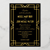 エレガントクラシックアールデコシンプルフレームブラック金ゴールド 箔招待状 (正面)