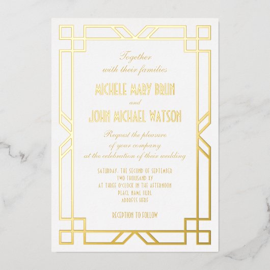 エレガントクラシックアールデコシンプルFrameWhite金ゴールド 箔招待状 (正面)