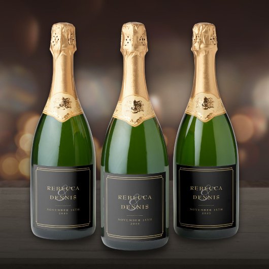 エレガントクラシックアールデコブラックと金ゴールド結婚ズ スパークリングワインラベル