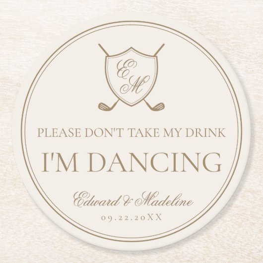 エレガントクラシッククレストモノグラムゴル結婚フス ラウンドペーパーコースター (正面)