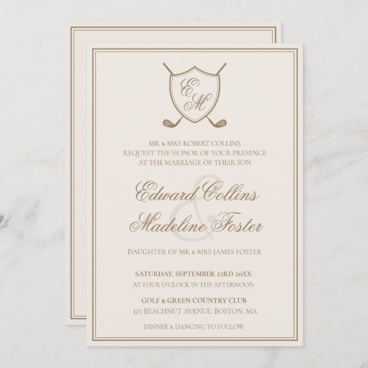 エレガントクラシッククレストモノグラムゴル結婚フス 招待状 (正面/裏面)