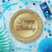 エレガントクラシックスクリプトハッピーバースデー、金ゴールドグリッター ペーパープレート (パーティー)