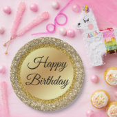 エレガントクラシックスクリプトハッピーバースデー、金ゴールドグリッター ペーパープレート (パーティー)