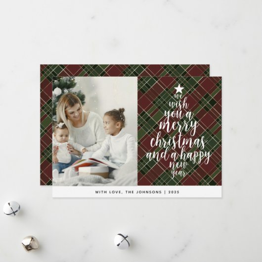 エレガントクラシックタータンチェック家族の写真クリスマス シーズンカード (正面/裏面インサイチュ)