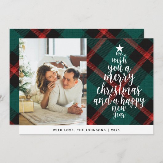 エレガントクラシックタータンチェック家族の写真クリスマス シーズンカード (正面/裏面)