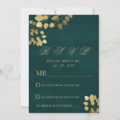 エレガントクラシックダークグリーン金ゴールドユーカリRSVP 招待状 (正面)
