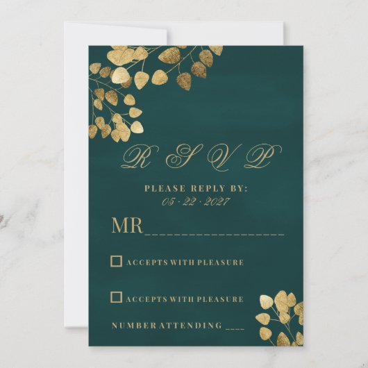 エレガントクラシックダークグリーン金ゴールドユーカリRSVP 招待状 (正面)