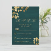 エレガントクラシックダークグリーン金ゴールドユーカリRSVP 招待状 (スタンド正面)