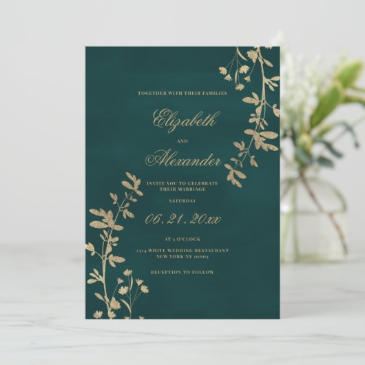 エレガントクラシックダークグリーン金ゴールド結婚フローラ 招待状 (スタンド正面)