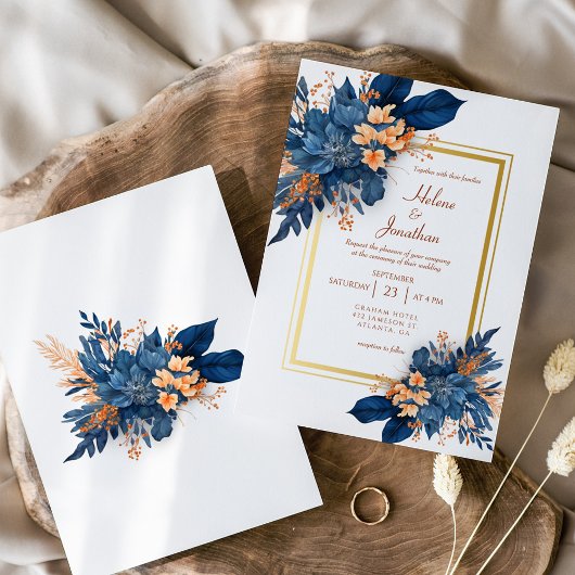 エレガントクラシックネイビーブルーテラコッタ結婚ズ 招待状