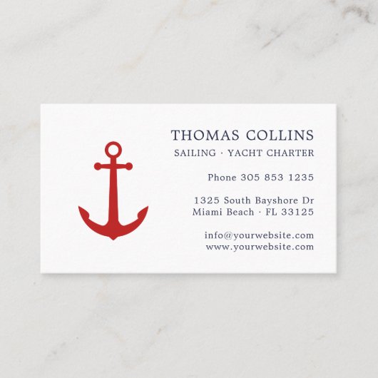 エレガントクラシックネイビーブルー&レッド航海のいかり 名刺 (正面)