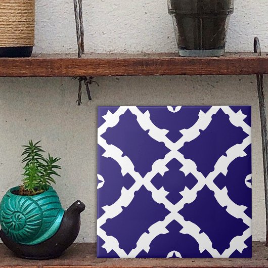 エレガントクラシックネイビー青と白のモザイク模様 タイル