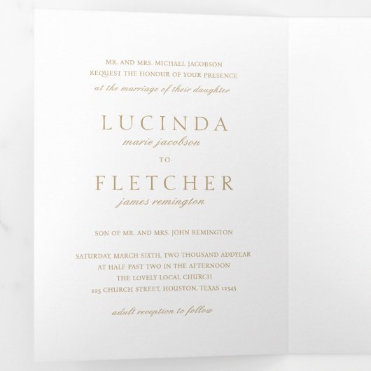 エレガントクラシックフォーマル金ゴールド写真結婚の 三つ折り招待状 (内部最初)