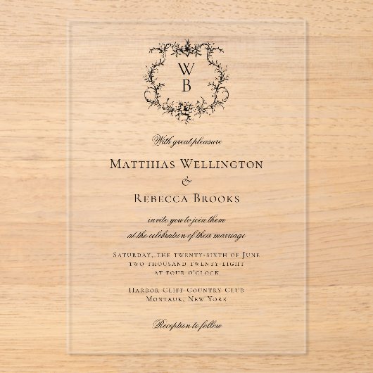 エレガントクラシックフローラクレストモノグラム結婚ズ アクリル招待状 (正面)