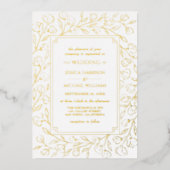 エレガントクラシックフローララインアートホワイト金ゴールド結婚ズ 箔招待状 (正面)