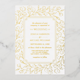 エレガントクラシックフローララインアートホワイト金ゴールド結婚ズ 箔招待状