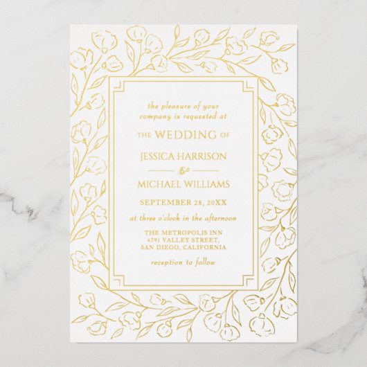 エレガントクラシックフローララインアートホワイト金ゴールド結婚ズ 箔招待状 (正面)