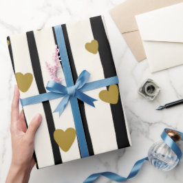 エレガントクラシックブラックストライプハート ラッピングペーパー