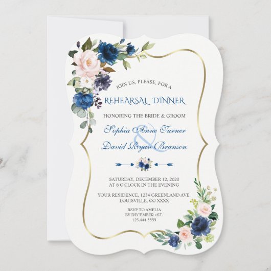 エレガントクラシックブルーピンク花リハーサルディナー 招待状 (正面)