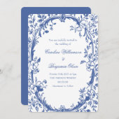 エレガントクラシックブルーフランスのカントリーフローラ結婚ズ 招待状 (正面/裏面)