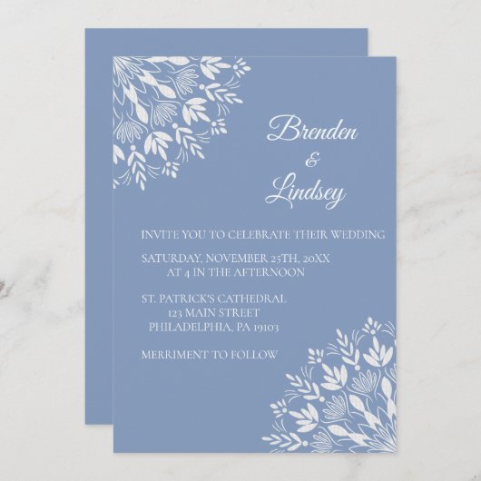 エレガントクラシックモダンダスティブルーとホワイトフローラ 招待状 (正面/裏面)