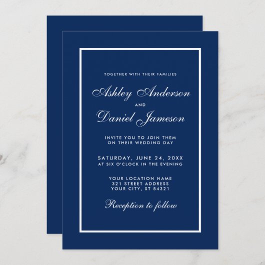 エレガントクラシックモダン結婚青 招待状 (正面/裏面)