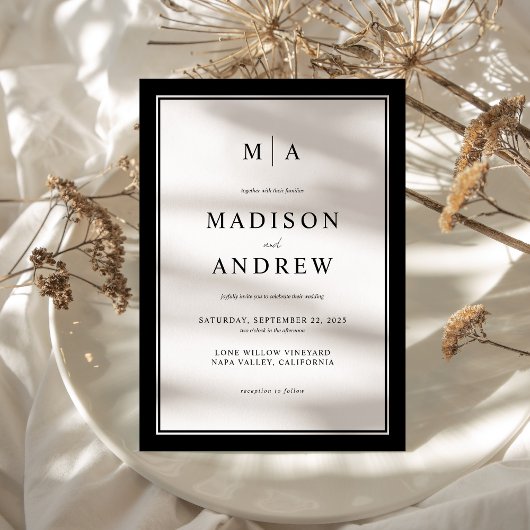 エレガントクラシックモノグラム白黒結婚ズ 招待状