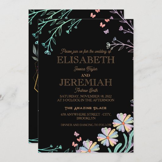 エレガントクラシックラグジュアリー結婚ブラック 招待状 (正面/裏面)