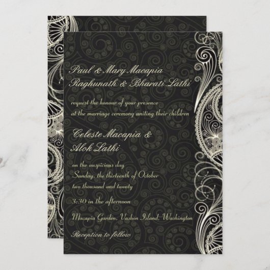 エレガントクラシックレースのようペイズリーフローラ結婚インディアン 招待状 (正面/裏面)