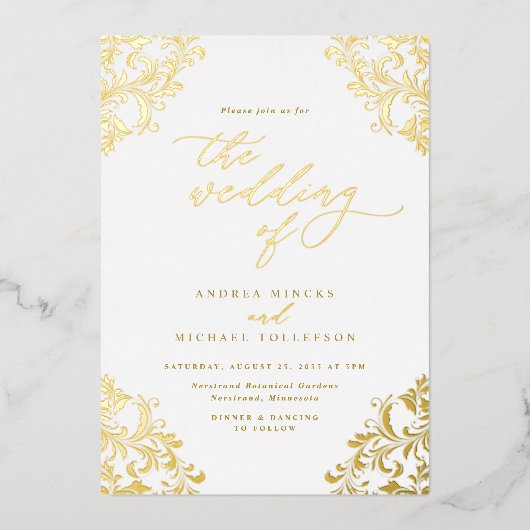 エレガントクラシックヴィンテージウェディング金ゴールド 箔招待状 (正面)