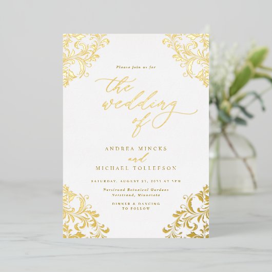 エレガントクラシックヴィンテージウェディング金ゴールド 箔招待状 (立ち正面)