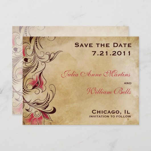 エレガントクラシックヴィンテージフローラ保存日付 案内ポストカード (正面/裏面)